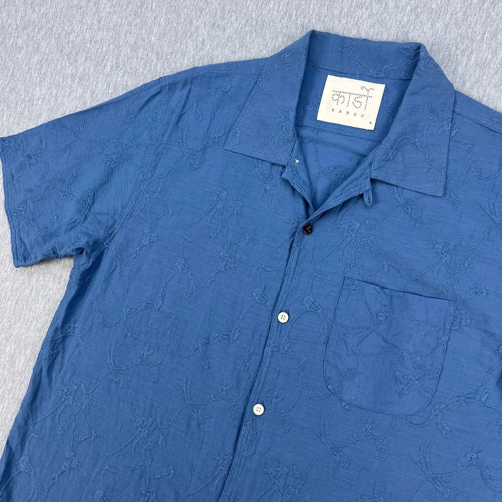 Kardo Chintan Loop Collar Shirt Mens M Schiffli Blue Embroidered Floral Camp